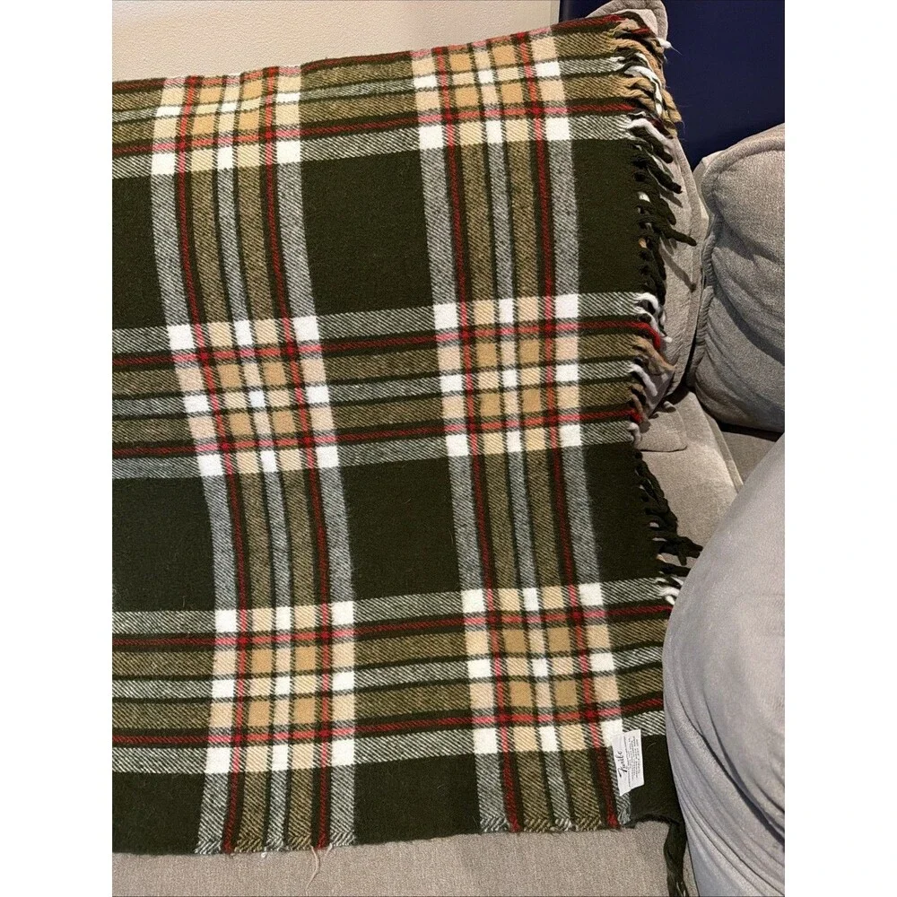 Faribo Wool Throw Blanket Brown White Red Plaid Fringe 57 inches x 43 inches VTG